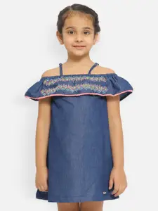 Nauti Nati Girls Embroidered Off-Shoulder Cotton A-Line Dress