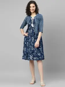 DEEBACO Floral Printed Shoulder Straps Cotton A-Line Dress With Shrug