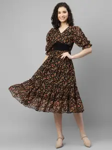 DEEBACO Floral Printed Smocked Georgette Fit And Flare Dress