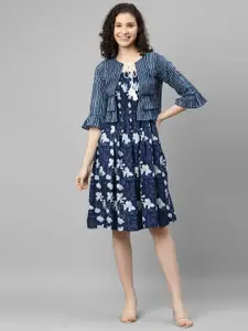 DEEBACO Floral Printed Fit & Flare Dress With Shrug