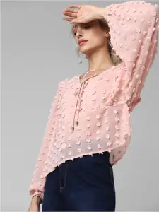 ONLY Self Design Ruffles Puff Sleeves Tie-Up Neck Top