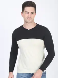 DIAZ Men Colourblocked V-Neck Long Sleeves Cotton T-shirt