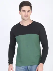 DIAZ Men Colourblocked V-Neck Long Sleeves Cotton T-shirt