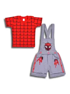 Wish Karo Infant Boys Spider-Man Printed Pure Cotton T-shirt and Dungarees Clothing Set