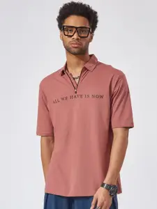 Maniac Typography Embroidered Polo Collar Cotton Oversized T-shirt