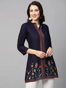 INDYES Floral Embroidered Mandarin Collar A-Line Kurti