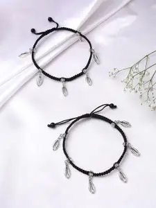 VIRAASI Set Of 2 Silver Plated Thread & Shell Charm Anklets