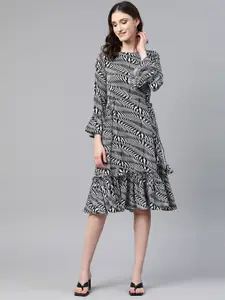Cottinfab Printed Bell Sleeves Tiered Crepe Dress With Tie-Ups Detail