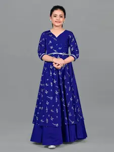 FASHION DREAM Girls Floral Foil Printed Belted Layered Ethnic Dress