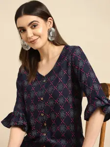 Anouk Navy Blue Printed Short Kurti