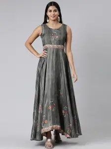 Neerus Floral Printed Embroidered Maxi Ethnic Dress