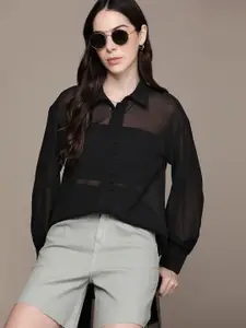 The Roadster Lifestyle Co. Puff Sleeves Sheer Casual Shirt