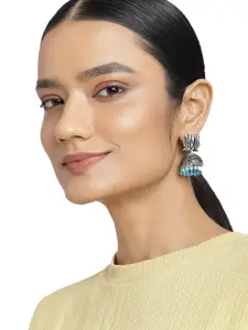 Estele Beads Studded Rhodium-Plated Floral Jhumkas Earrings