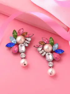 Estele Rhodium Plated Floral Shaped Crystal Studded Drop Earrings