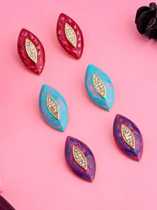 Estele Set Of 3 Gold-Plated Leaf Shaped Crystal Studs Earrings