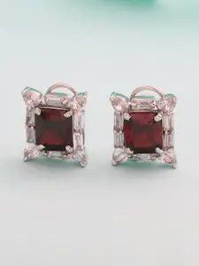 Estele Rhodium-Plated Cubic Zirconia Square Studs Earrings