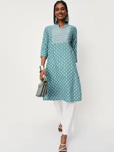 max Floral Printed Sequined Band Collar A-Line Kurta
