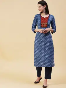 FASHOR Floral Printed Mirror Work Embroidered Pure Cotton Straight Kurta