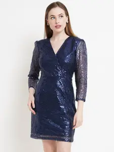 Purple State Sequined Embellished Puff Sleeves Wrap Dress