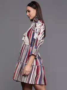 Indo Era Striped Tie-Up Neck Bell Sleeves Tiered Cotton Mini A-Line Dress