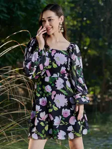 Athena Floral Printed Square Neck Puff Sleeves Georgette A-Line Dress