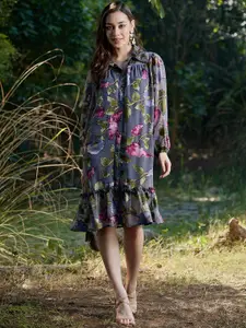 Athena Gathered Puff Sleeves Flounce Floral Printed Shirt Dress