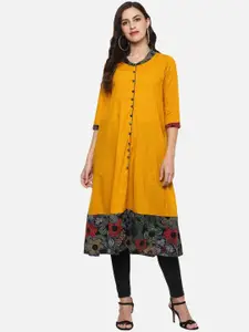 YASH GALLERY Floral Printed Band Collar Pure Cotton A-Line Kurta