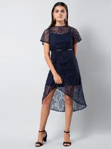 FabAlley Flared Sleeves Lace Belted Dress