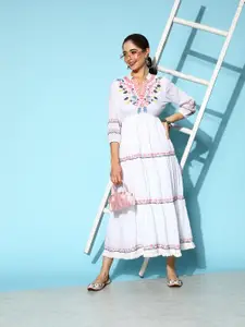 Yufta Floral Embroidered Puff Sleeves Mandarin Collar Pure Cotton Midi Ethnic Dress