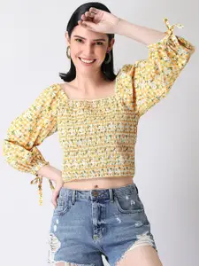 FabAlley Square Neck Floral Printed Smocked Pure Cotton Fitted Crop Top