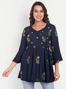 Aarti  Fashion Aarti Fashion Floral Printed Sequined Bell Sleeves Longline Pleated Wrap Top