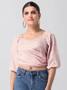 FabAlley Floral Printed Sweetheart Neck Pure Cotton Crop Wrap Top