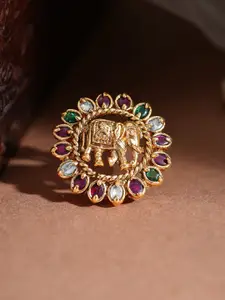 Rubans Gold-Plated CZ-Studded Elephant Motif Temple Adjustable Finger Ring
