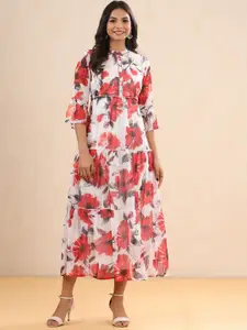 Juniper Floral Printed Flared Sleeves Fit and Flare Tiered Ethnic Dress