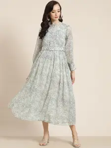Juniper Floral Printed Chiffon Cuffed Sleeves Fit And Flare Ethnic Dress