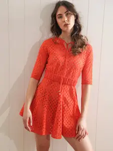 RAREISM Self Design Tie-Ups Neck Midi Dress