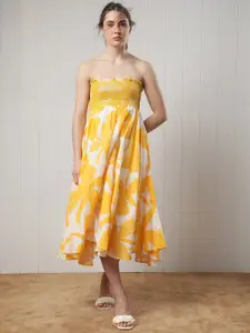RAREISM Floral Printed Strapless Smocked Fit & Flare Midi Dress