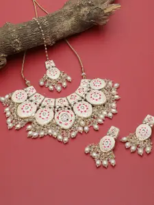 SOHI Gold-Plated Stone Studded & Beaded  Necklace & Earrings With Maang Tikka Set