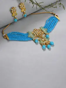 SOHI  Gold-Plated Stone-Studded & Beaded Choker Necklace & Earrings Set