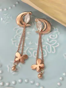Ayesha Rose Gold-Plated Contemporary Crystal Moon & Butterfly Drop Earrings