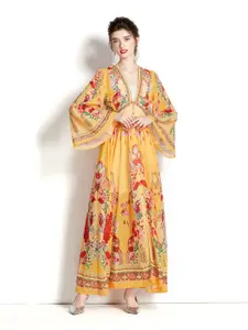 JC Collection V-Neck Flared Sleeves Floral Printed Maxi Dress