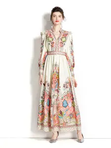 JC Collection Mandarin Collar Floral Printed Maxi Dress