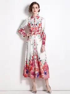 JC Collection Floral Printed Shirt Collar Fit & Flare Midi Dress