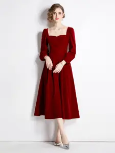 JC Collection Sweetheart Neck Puff Sleeves A-Line Midi Dress