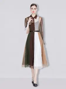 JC Collection Colourblock Sheer Puff Sleeve Belted A-Line Midi Dress