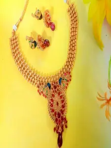 Runjhun Gold-Plated Stone Studded & Beaded  Necklace & Earrings Set