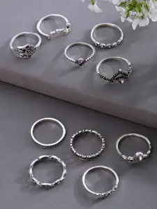 SOHI Women Pack Of 10 Silver-Plated Oxidised Finger Rings