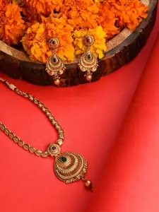 SOHI Gold-Plated Stone Studded & Beaded Meenakari Necklace & Earrings Set