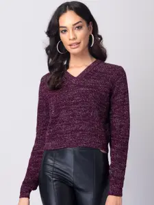 FabAlley V-Neck Ribbed Acrylic Crop Pullover Sweater