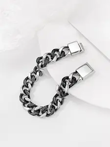 Peora Men Silver-Toned & Black Silver-Plated Link Bracelet